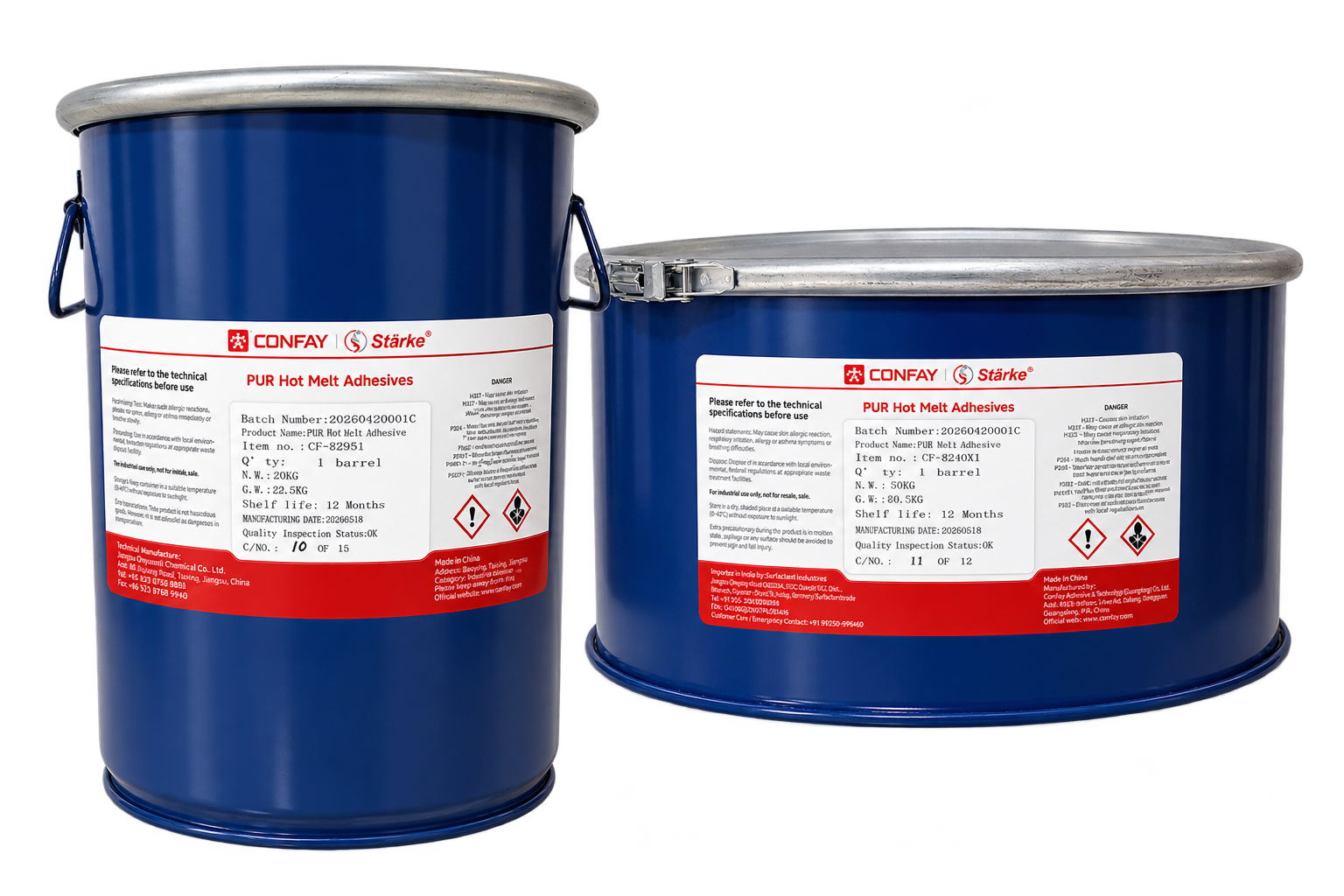 Two drums of CONFAY Stärke reactive PUR hot melt adhesive