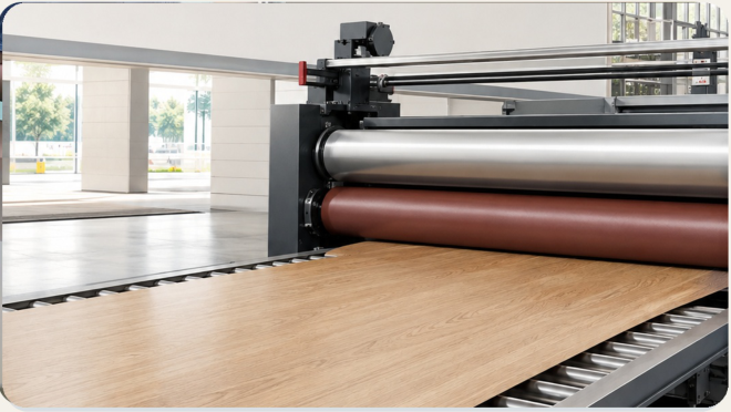 Flat lamination roller machine applying PUR hot melt adhesive to a panel surface